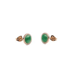 Two round stud earrings in rose gold with green jade gemstone and encircling white zirconia crystals, elegantly and high-quality crafted.
