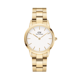 Elegant gold women's watch by Daniel Wellington with a white dial, gold-coloured indices, and a classic stainless steel link bracelet.