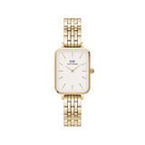 Rectangular ladies' watch with a gold-coloured 5-link stainless steel bracelet and an eggshell white dial in a minimalist design.