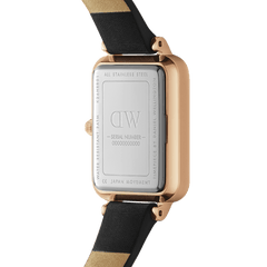 Back of the Daniel Wellington Quadro Pressed Sheffield Emerald Rose Gold with engraved stainless steel case back, rose gold case edge, and black leather strap.