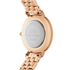 Rear view of the Petite Lumine 5-Link Melrose ladies' watch with an engraved stainless steel case back and rose gold 5-link bracelet.