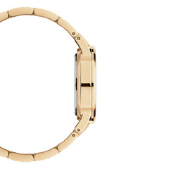 Side view of the Daniel Wellington Iconic Link women's watch with a slim gold-coloured case and elegant link bracelet.