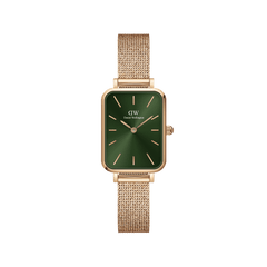 Elegant women's watch with a rectangular rose gold case, emerald green dial, and fine stainless steel mesh strap.