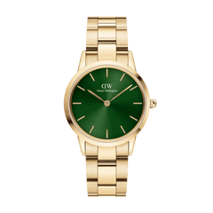Elegant women's watch Iconic Link Emerald Gold with gold-coloured stainless steel strap and deep green dial.