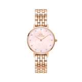 Elegant ladies' watch in rose gold with a 5-link stainless steel bracelet and delicate pink mother-of-pearl dial, adorned with sparkling crystal indices.