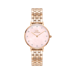Elegant ladies' watch in rose gold with a 5-link stainless steel bracelet and delicate pink mother-of-pearl dial, adorned with sparkling crystal indices.