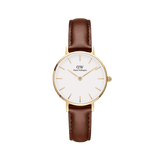 Elegant ladies' watch with gold-coloured stainless steel case, eggshell white dial and brown leather strap.