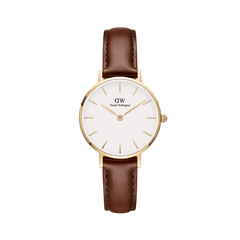 Elegant ladies' watch with gold-coloured stainless steel case, eggshell white dial and brown leather strap.