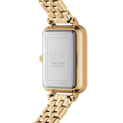 Back view of the Quadro 5-Link Evergold ladies' watch with an engraved stainless steel case back, gold-coloured case, and 5-link bracelet.