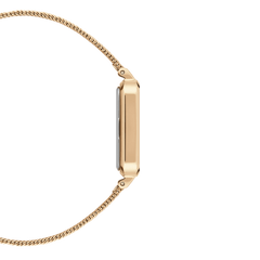 Side view of the Quadro Pressed Melrose Emerald women's watch with a slim rectangular rose gold case and fine mesh strap.