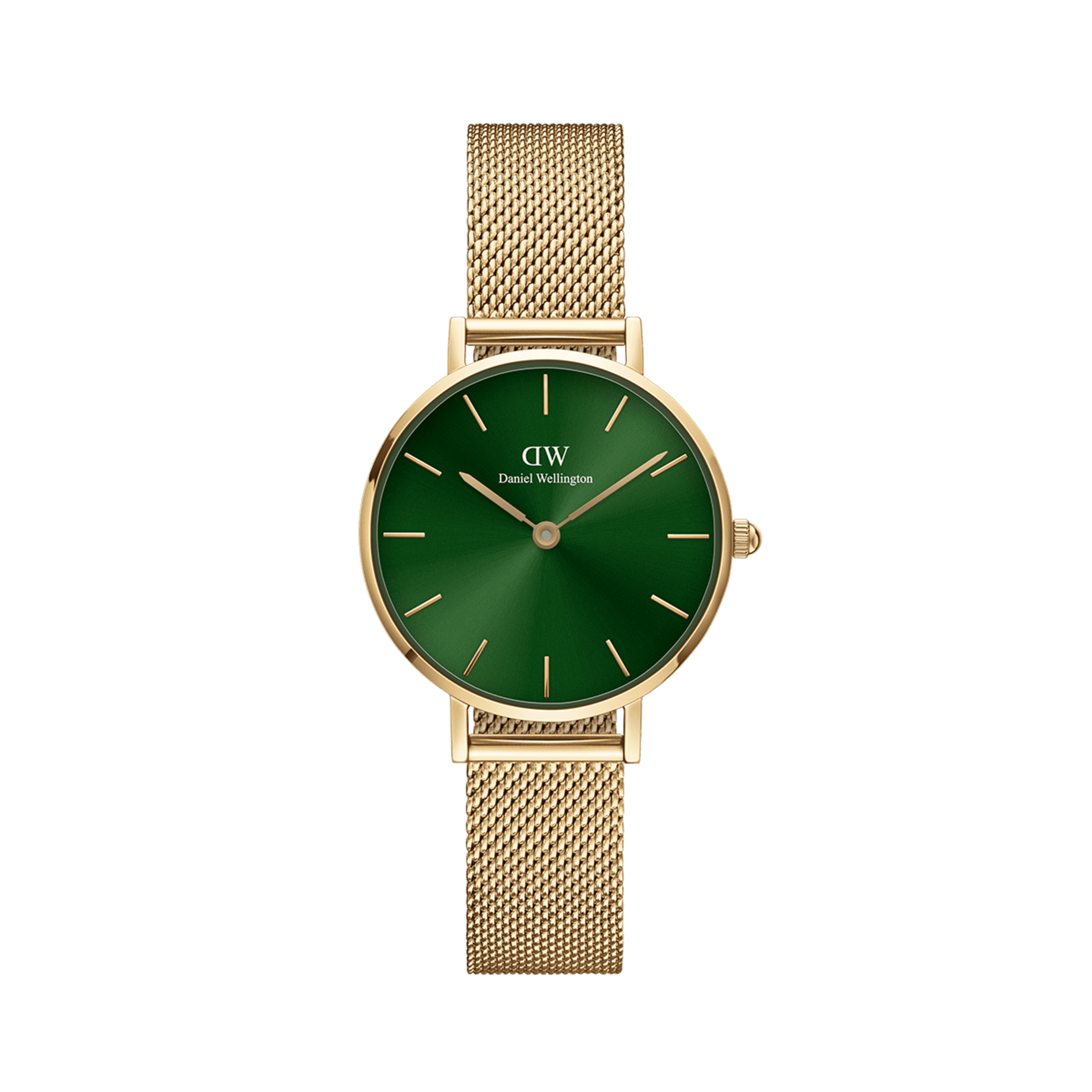 Petite  ?Goldene Mesh-Uhr mit grünem Zifferblatt, 28 mm DW