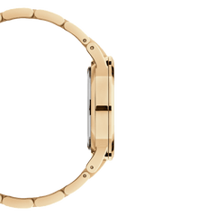 Side view of the Iconic Link Emerald Gold women's watch with gold-coloured stainless steel case and link bracelet.