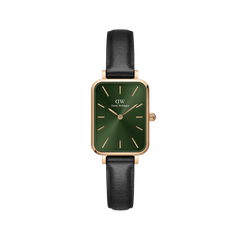 Elegant women's watch with a rectangular rose gold case, emerald green dial, and black leather strap.