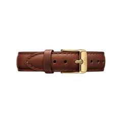 Brown genuine leather strap with gold-coloured pin buckle, matching the Petite St Mawes Gold ladies' watch.