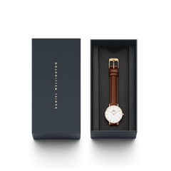 Petite St Mawes Gold ladies' watch with brown leather strap and gold-coloured case in an elegant Daniel Wellington gift box.