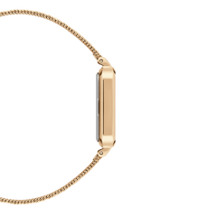 Side view of the Quadro Pressed Evergold ladies' watch with a slim, rectangular case and fine gold-coloured mesh strap.
