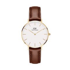 Minimalist ladies' watch Petite St Mawes Gold with gold-coloured stainless steel case, eggshell white dial and brown leather strap.