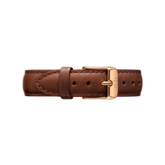 Brown leather strap of the Petite St Mawes with rose gold pin buckle and fine stitching for elegant women's watches.