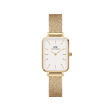 Rectangular ladies' watch with gold-coloured mesh strap, white dial and minimalist gold indices.