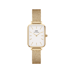 Rectangular ladies' watch with gold-coloured mesh strap, white dial and minimalist gold indices.