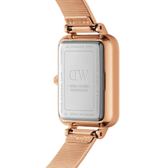Back of the Quadro Lumine Pressed Piano ladies' watch with engraved stainless steel case back, rose gold case and pressed piano link bracelet.