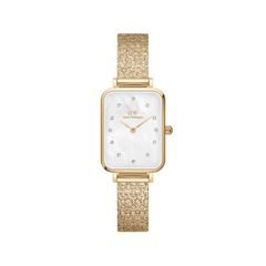 Rectangular gold ladies' watch with a white mother-of-pearl dial, sparkling crystal indices, and a delicate pressed piano link stainless steel bracelet.